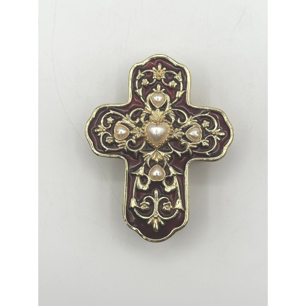 Bombay Company Red Enamel Cross Trinket Box Gold Filigree Pearl Heart Vintage